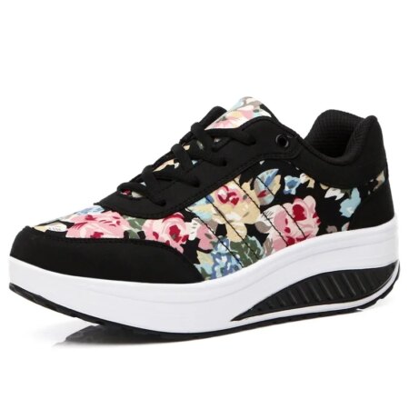 Women Breathable Toning Shoes Flower Printed Comfortable Thick Soles Swing Shoes Platform Wedge Slimming Sneakers