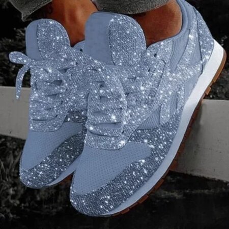 Women Casual Glitter Shoes Mesh Flat Shoes Ladies Sequin Vulcanized Shoes Lace Up Sneakers Outdoor Sport Running