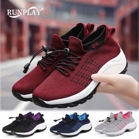 Women Tennis Shoes 4cm High Heels Sports Shoes Breathable Mesh Slip-on Female Sock Footwear Outdoor Thick Bottom Women Sneakers