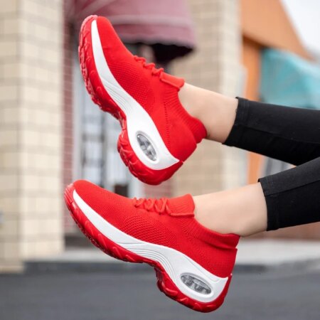 Women Tennis Shoes Air Cushion Red Sports Shoes High Heels Mesh Lace-up Female Sock Footwear Outdoor Thick Bottom Women Sneakers