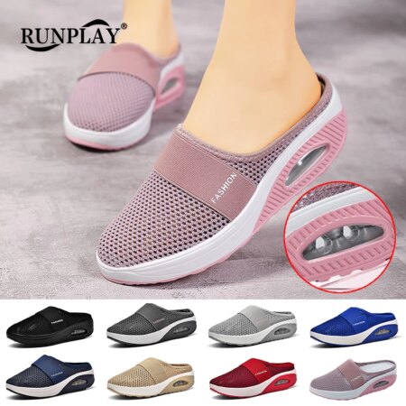 Women Tennis Shoes Female Walking Shoes Easy Put On Casual Slippers Slip-on Air Cushion Outdoor Thick Bottom Women Sneakers