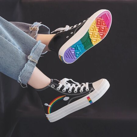 Women's Fashion 2022 Vulcanized Shoes Woman Sneakers New Rainbow Retro Canvas Shoes Flat Comfortable Walking High Shoes 36-40